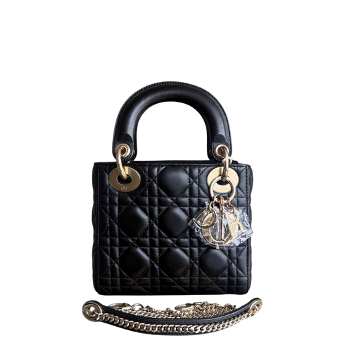 Lady Mini - Bracelet chaîne en cuir d'agneau Cannage noir et or — Kovancy