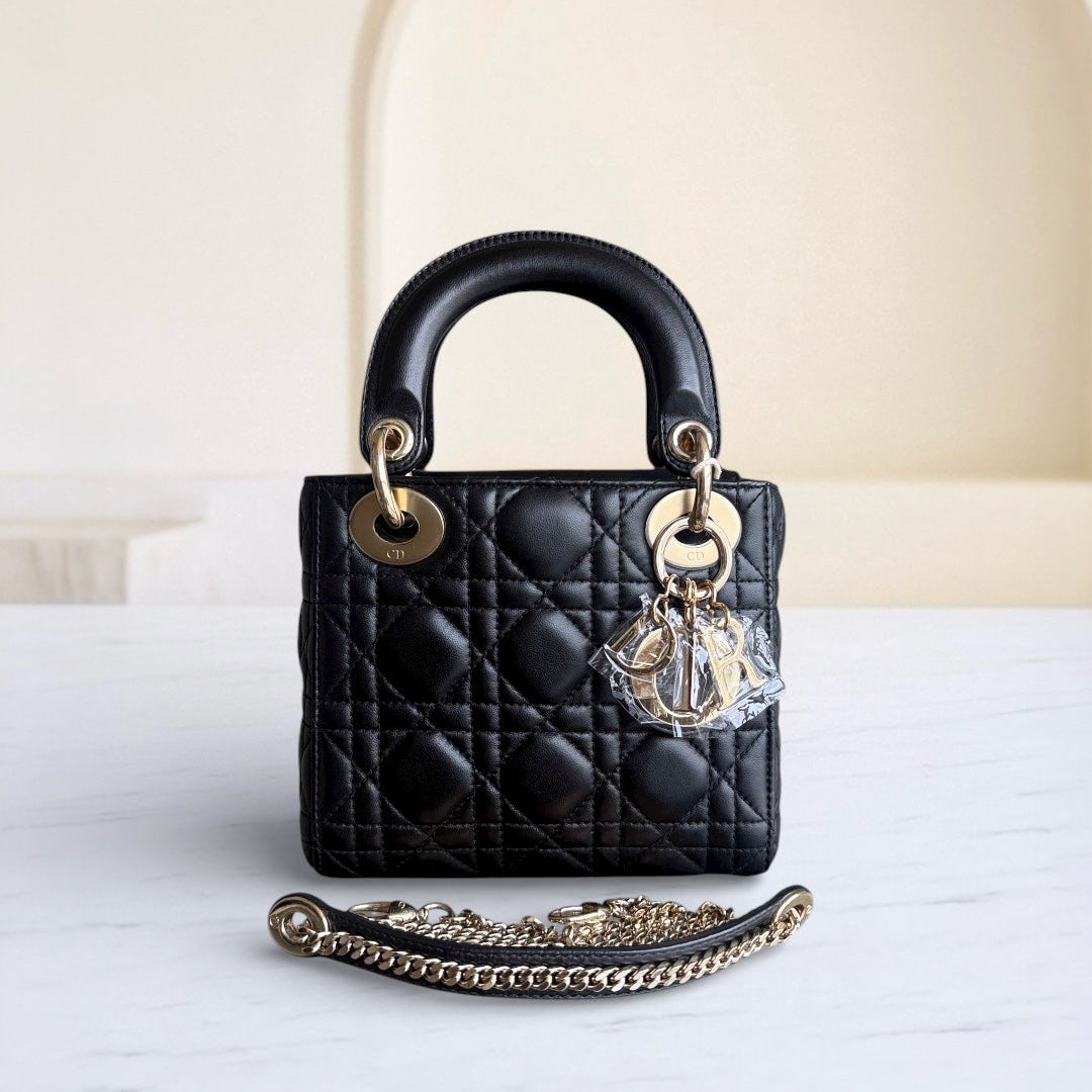 Lady Mini - Bracelet chaîne en cuir d'agneau Cannage noir et or — Kovancy