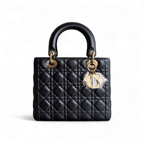 Lady Moyen - Cuir d'agneau Cannage noir Quincaillerie dorée SANS SANGLE — Kovancy