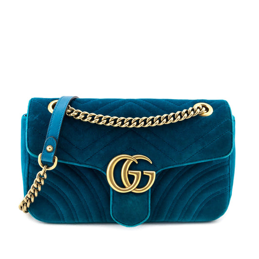 Gucci Teal Velvet Matelasse Small GG Marmont Shoulder Bag