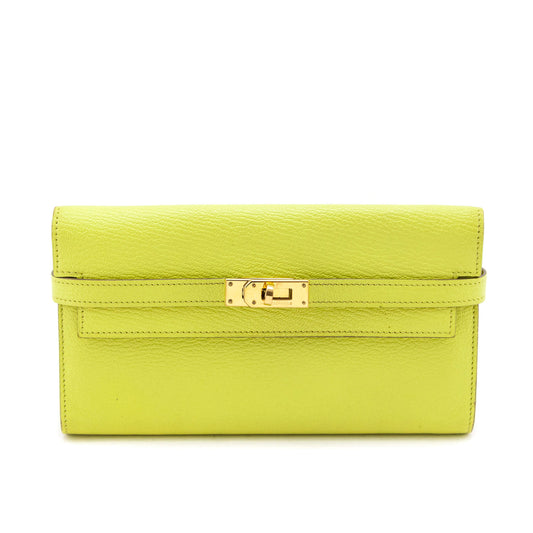 Hermes Lime Chevre Mysore Kelly Longue Wallet