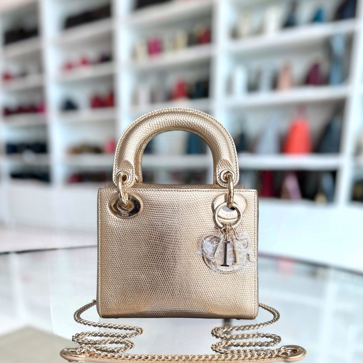 Lady Mini - Sangle chaîne en cuir de lézard exotique doré métallisé — Kovancy
