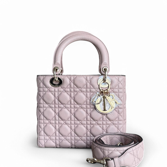 Dior Lady Rabat moyen - Cuir de veau grainé Caviar Cannage Nude Rose Quincaillerie dorée