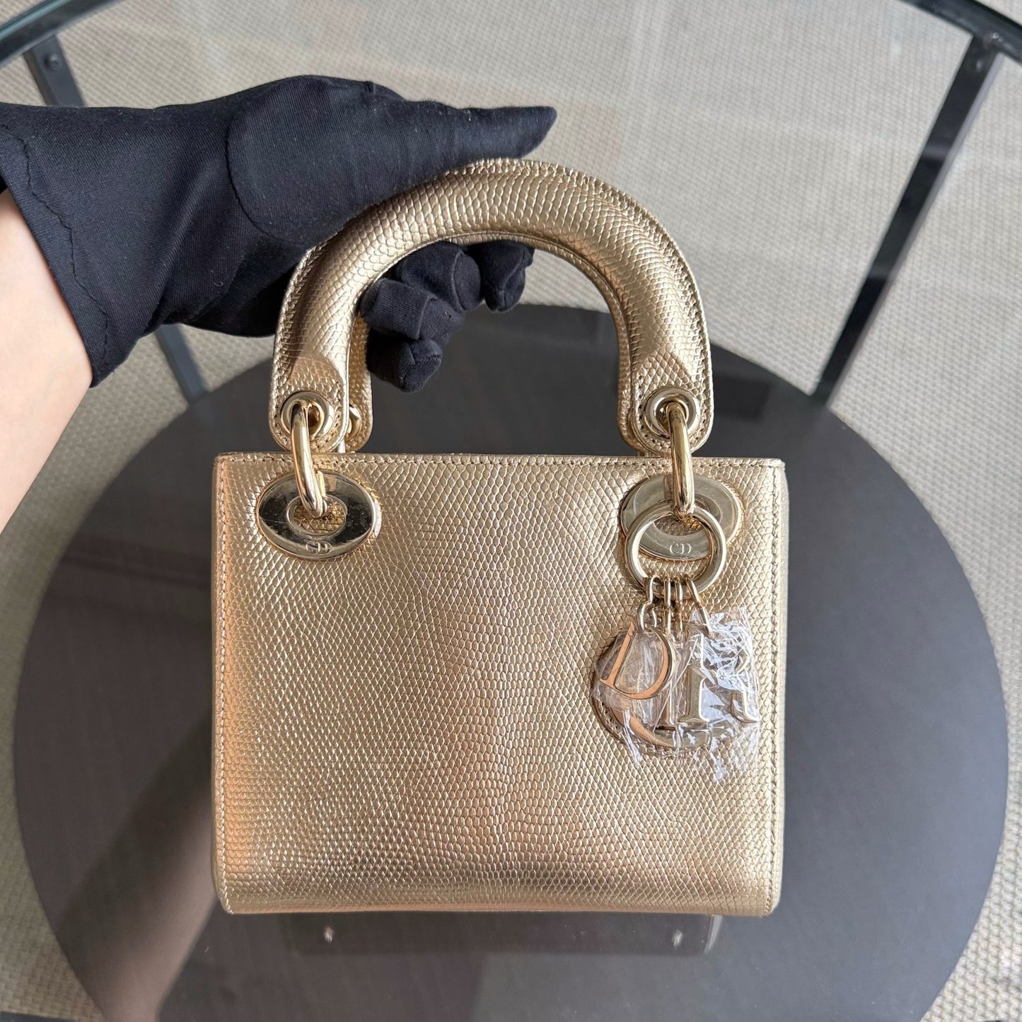 Lady Mini - Sangle chaîne en cuir de lézard exotique doré métallisé — Kovancy