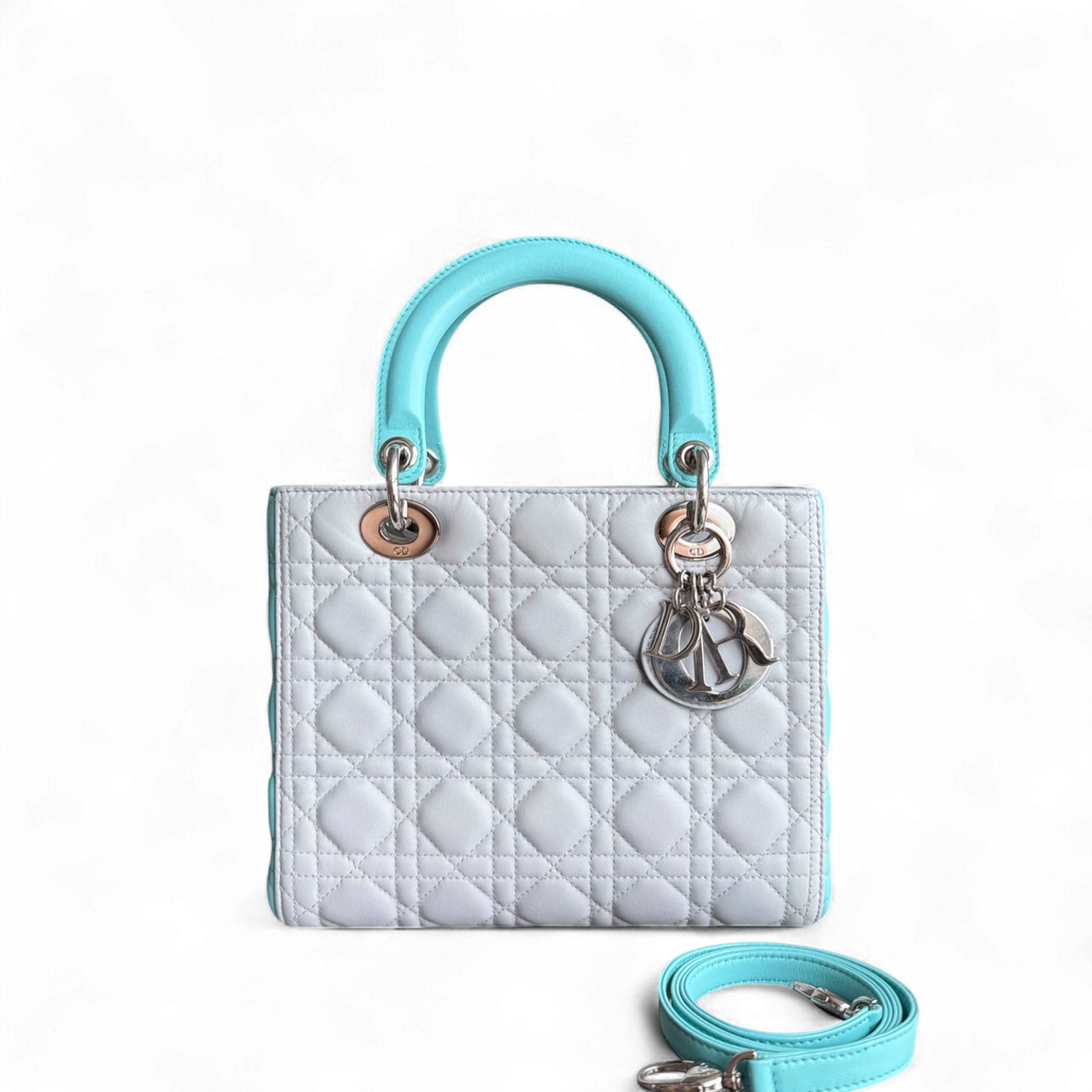 Lady Moyen - Cuir d'agneau Cannage bicolore cyan gris gris matériel argenté — Kovancy