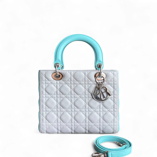 Lady Moyen - Cuir d'agneau Cannage bicolore cyan gris gris matériel argenté — Kovancy