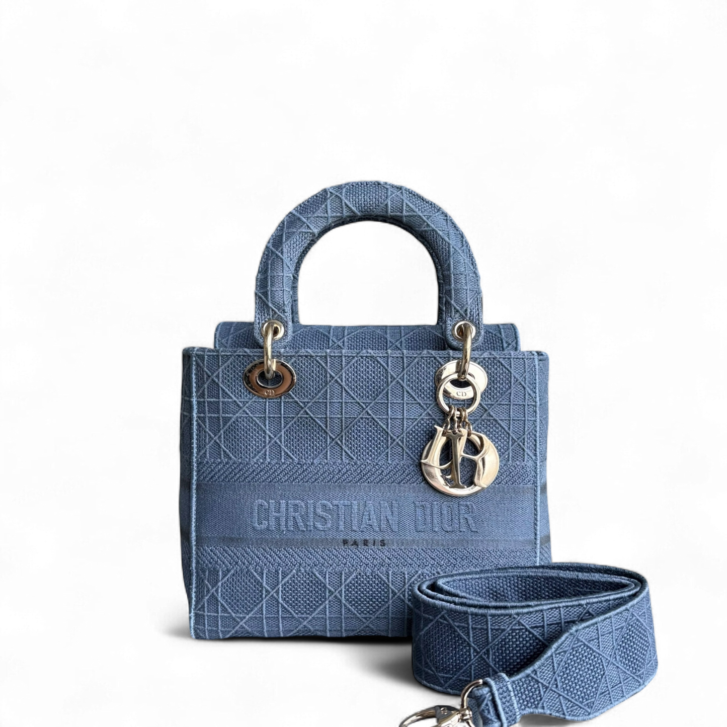 Lady D-Lite - Cannage brodé bleu denim clair avec accessoires dorés — Kovancy