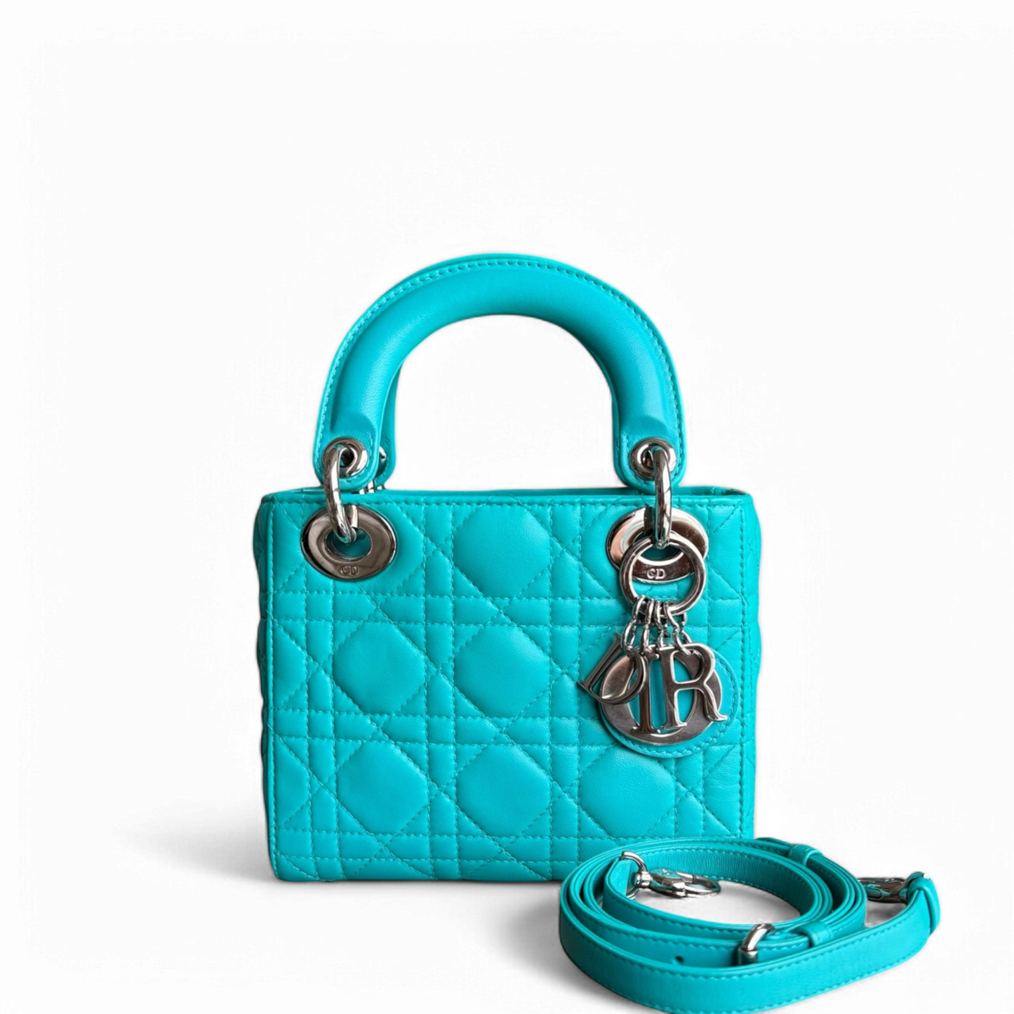 Lady Mini - Sangle réglable en cuir d'agneau Cannage bleu cyan et matériel argenté — Kovancy