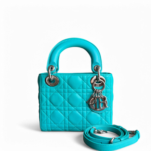 Lady Mini - Sangle réglable en cuir d'agneau Cannage bleu cyan et matériel argenté — Kovancy