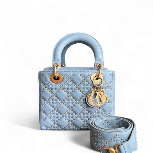 Dior Lady Petit rabat - Cuir de veau Cannage clouté bleu et doré