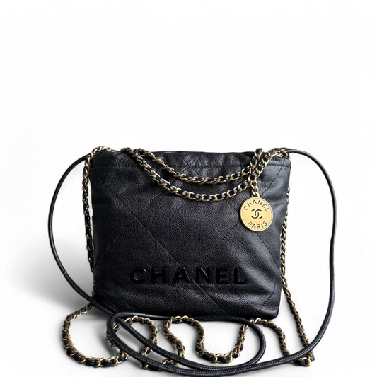 Sac Chanel C22 Mini 22 - Sac bandoulière en cuir de veau matelassé caviar, quincaillerie dorée, micropuce