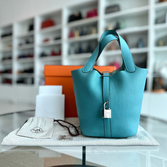 Hermes Picotin 18 X Stamp Bleu Saint SHW
