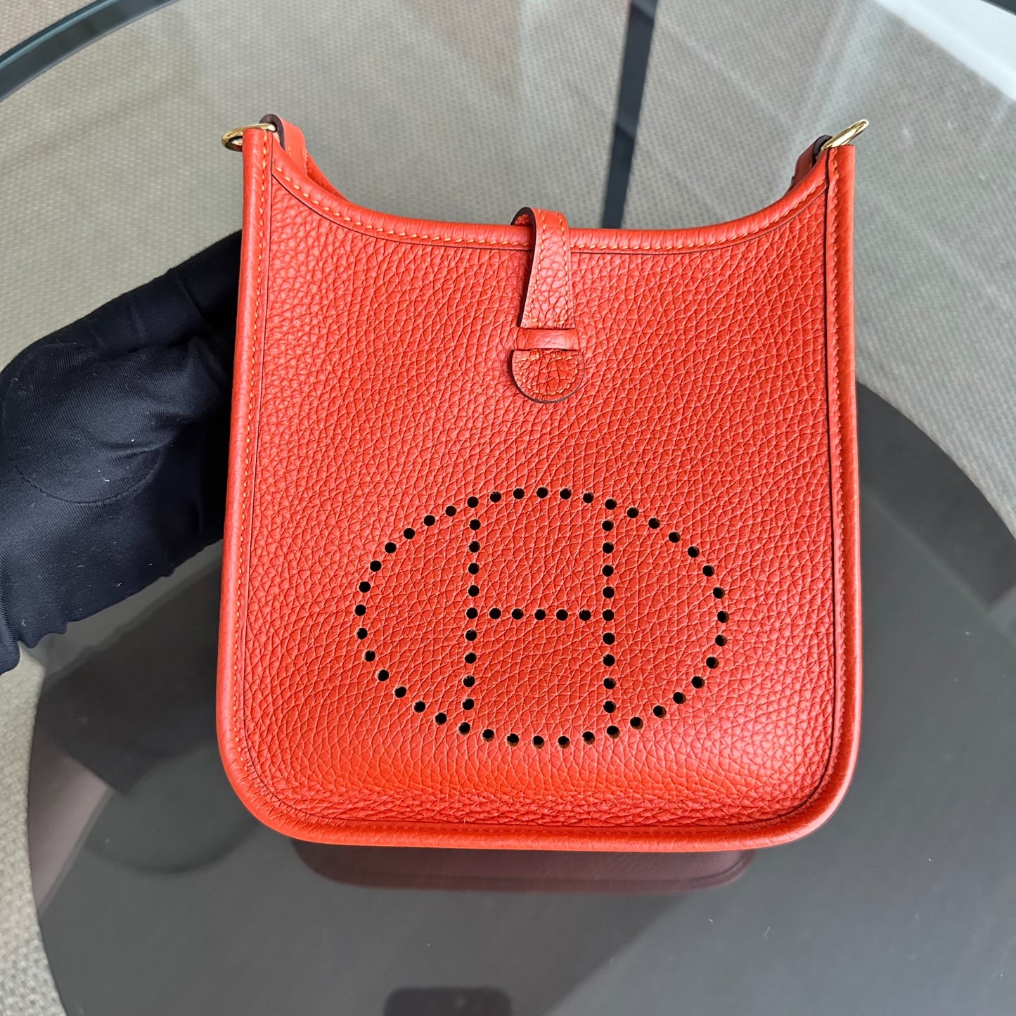 Hermes Mini Evelyn 16 Taurillon Clémence Stamp U Orange GHW